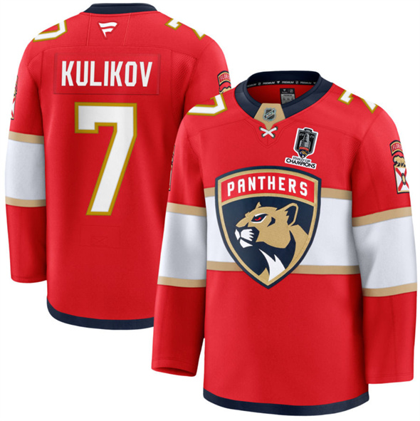 Men's Florida Panthers #7 Dmitry Kulikov Red Home 2025 Stanley Cup Champions Patch Stitched Jersey