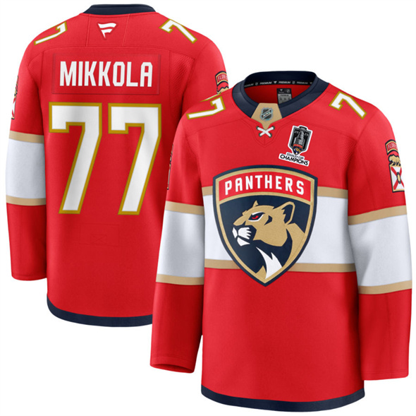 Men's Florida Panthers #77 Niko Mikkola Red Home 2025 Stanley Cup Champions Patch Stitched Jersey