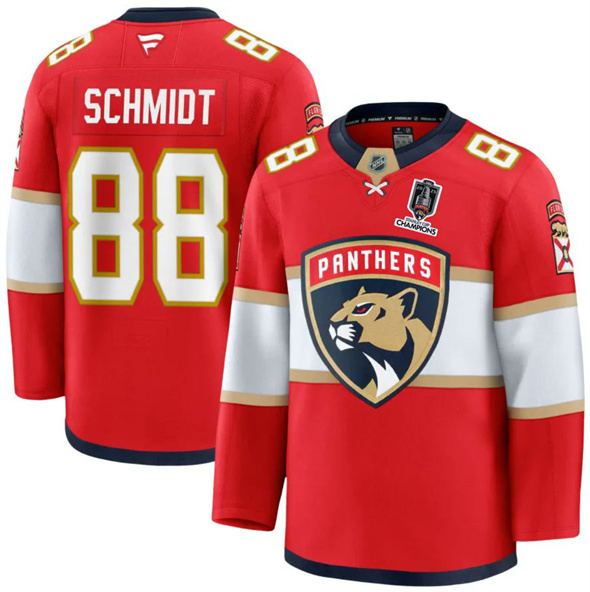Men's Florida Panthers #88 Nate Schmidt Red Home 2025 Stanley Cup Champions Patch Stitched Jersey
