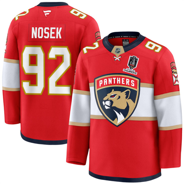 Men's Florida Panthers #92 Tomas Nosek Red Home 2025 Stanley Cup Champions Patch Stitched Jersey