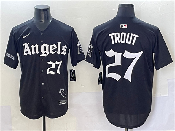 Men's Los Angeles Angels #27 Mike Trout Black 'Gothic Halo Edition' Vapor Limited Stitched Jersey