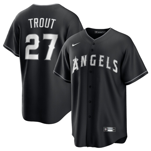 Men's Los Angeles Angels #27 Mike Trout Black Lights Out Limited Stitched Baseball Jersey