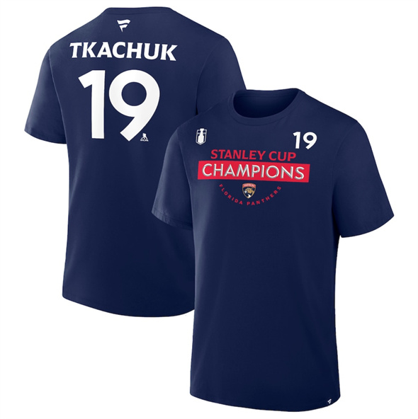 Men's Florida Panthers #19 Matthew Tkachuk Navy 2025 Stanley Cup Champions Pro Name & Number T-Shirt