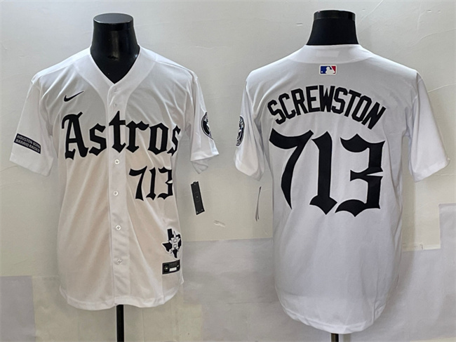 Men's Houston Astros #713 Screwston White Gothic 'Houston Born Barrio Raised' Limited Stitched Baseball Jersey