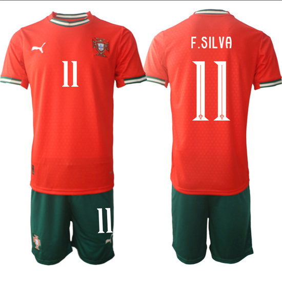 Men's Portugal #11 F.SILVA 2025-26 Home Red Soccer Suit Jersey