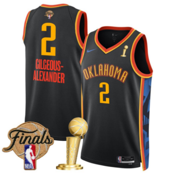 Men's Oklahoma City Thunder #2 Shai Gilgeous-Alexander Black 2025 Finals Patch And Finals Champions Patch City Edition Stitched Basketball Jersey