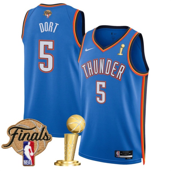 Men's Oklahoma City Thunder #5 Luguentz Dort Blue 2025 Finals Patch And Finals Champions Patch Icon Edition Stitched Basketball Jersey