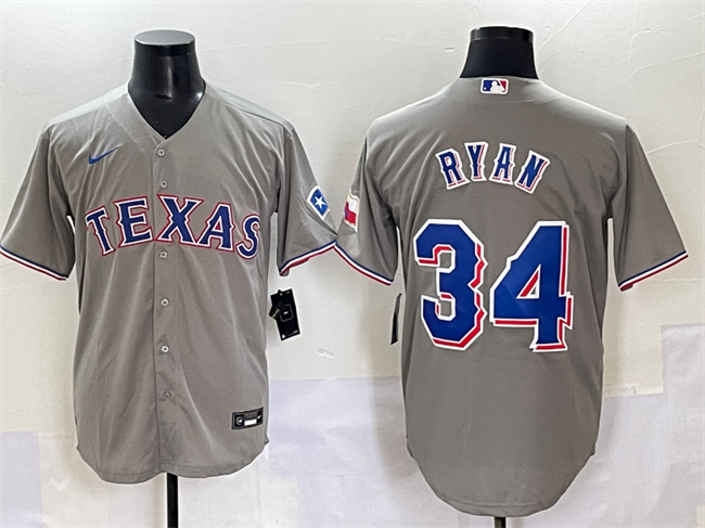 Men's Texas Rangers #34 Nolan Ryan Grey With Patch Cool Base Stitched Baseball Jersey