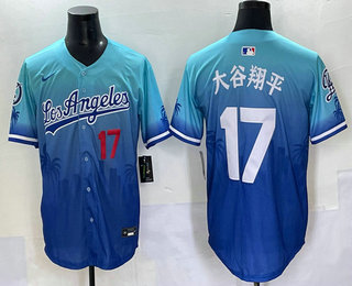 Men's Los Angeles Dodgers #17 Shohei Ohtani Japanese Blue 2025 City Connect Limited Stitched Jersey