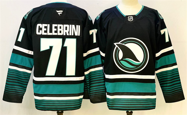Men's San Jose Sharks #71 Macklin Celebrini Black Fanatics Alternate Stitched Hockey Jersey