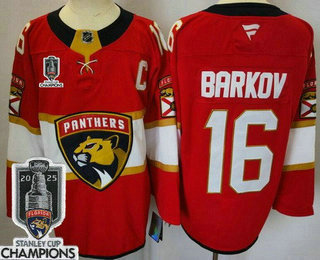 Men's Florida Panthers #16 Aleksander Barkov Red 2025 Stanley Cup Champions Authentic Jersey