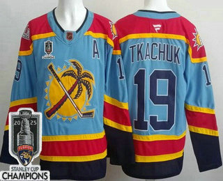 Men's Florida Panthers #19 Matthew Tkachuk Blue 2025 Stanley Cup Champions Authentic Jersey