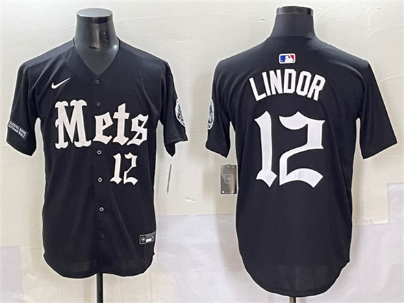 Men's New York Mets #12 Francisco Lindor Black 'Gotham Gothic Edition' Vapor Premier Limited Stitched Baseball Jersey