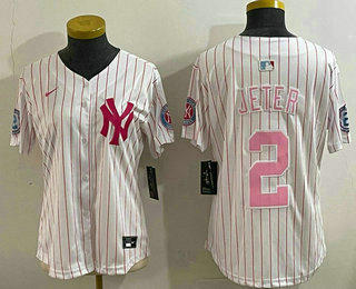 Women's New York Yankees #2 Derek Jeter White Pink Pinstripe Fashion Cool Base Jersey
