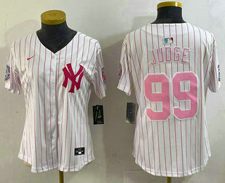 Women's New York Yankees #99 Aaron Judge White Pink Pinstripe Fashion Cool Base Jersey