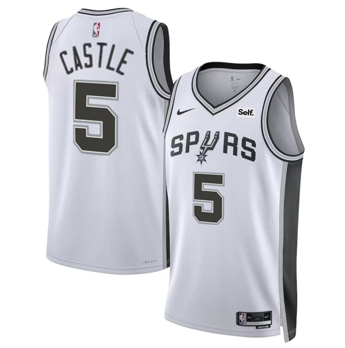 Men's San Antonio Spurs #5 Stephon Castle White Stitched Basketball Jersey