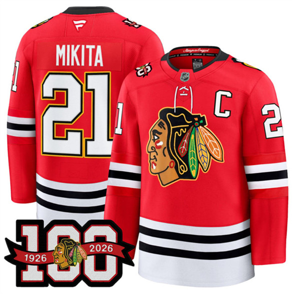 Men's Chicago Blackhawks #21 Stan Mikita Red 2025 Home 100th Anniversary Stitched Hockey Jersey