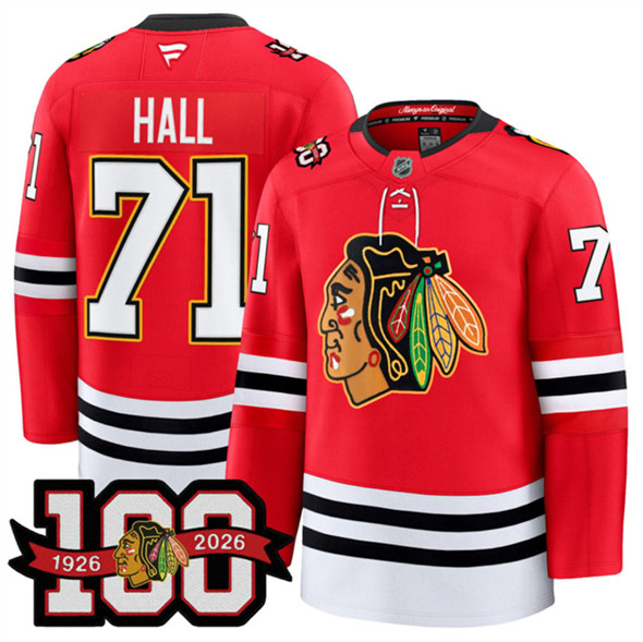 Men's Chicago Blackhawks #71 Taylor Hall Red 2025 Home 100th Anniversary Stitched Hockey Jersey