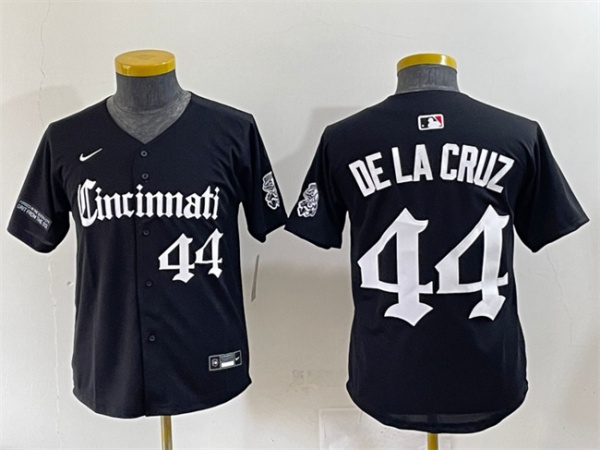 Youth Cincinnati Reds #44 Elly De La Cruz Black 'Gothic Queen City Edition' Vapor Premier Limited Stitched Baseball Jersey