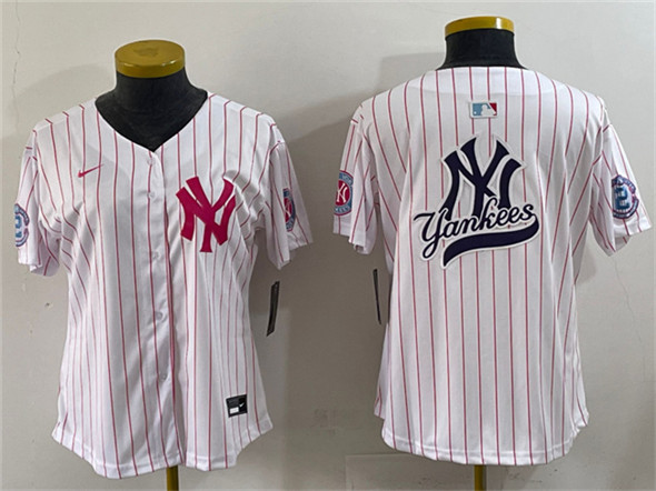 Youth New York Yankees Team Big Logo White Pink Pinstripe Limited Stitched Baseball Jerseys
