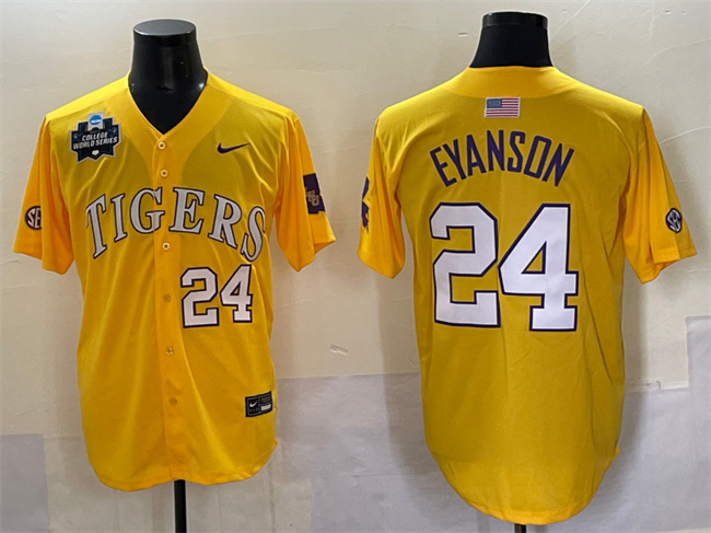 Men's LSU Tigers #24 Anthony Eyanson Gold 2025 World Series & SEC Patch Stitched Baseball Jersey