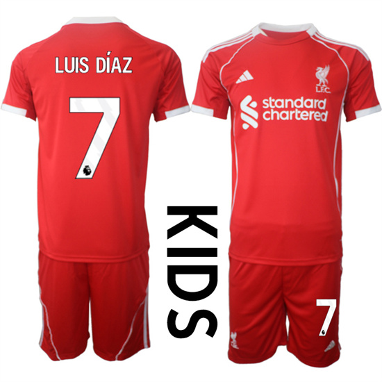 Youth Liverpool #7 LUIS DIAZ 2025-26 home Red Adidas Soccer Kids Suit Jerseys