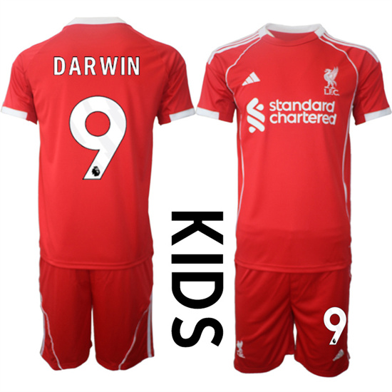 Youth Liverpool #9 DARWIN 2025-26 home Red Adidas Soccer Kids Suit Jerseys