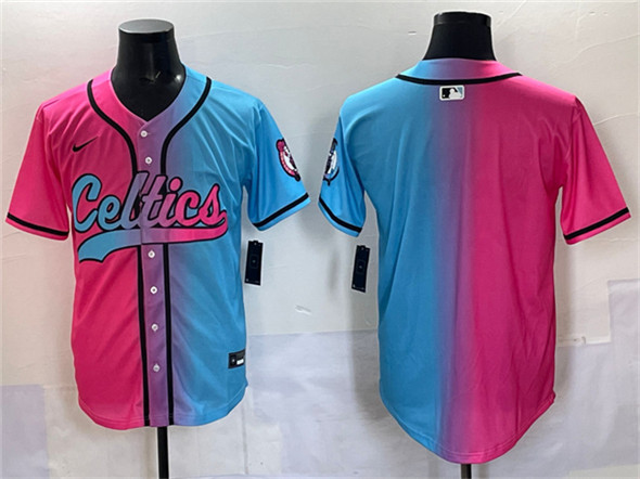 Men's Boston Celtics Blank Pink Blue Limited Stitched Baseball Jersey