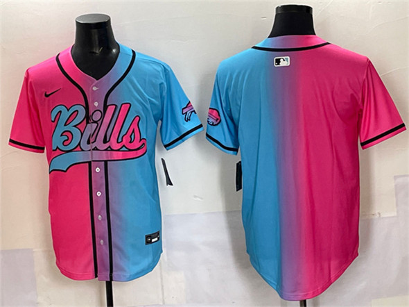 Men's Buffalo Bills Blank Pink Blue Limited Stitched Baseball Jersey