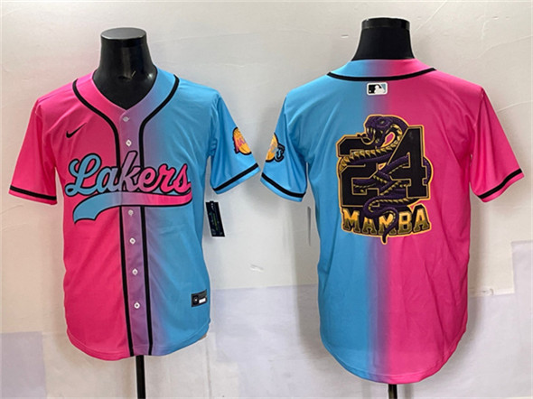 Men's Los Angeles Lakers Team Big Logo Pink Blue Limited Stitched Baseball Jersey