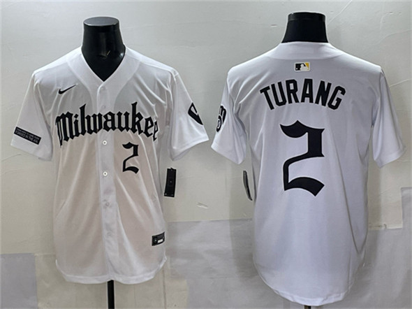 Men's Milwaukee Brewers #2 Brice Turang White 'Gothic 414 Shadows Edition' Vapor Premier Limited Stitched Jersey