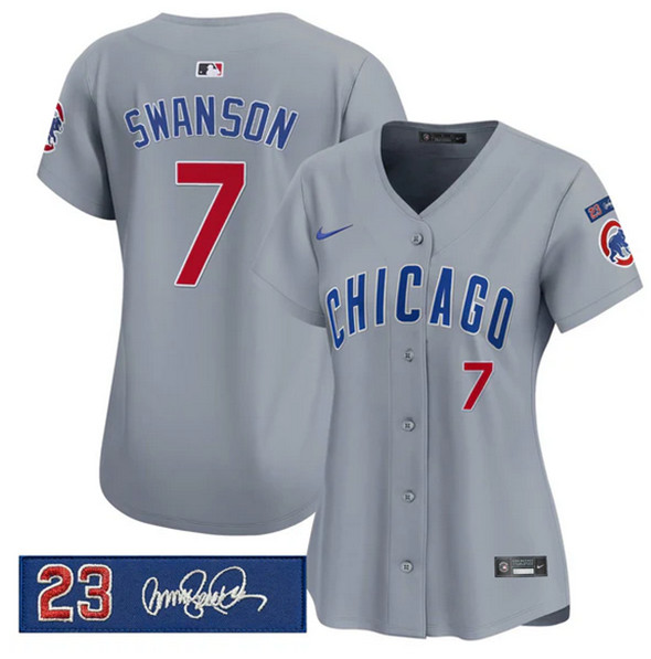 Women's Chicago Cubs #7 Dansby Swanson Gray 'Ryne Sandberg Tribute' Vapor Limited V3 Stitched Baseball Jersey(Run Small)