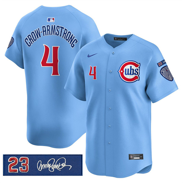 Men's Chicago Cubs #4 Pete Crow-Armstrong Blue 'Ryne Sandberg Tribute' Vapor Limited V3 Stitched Baseball Jersey