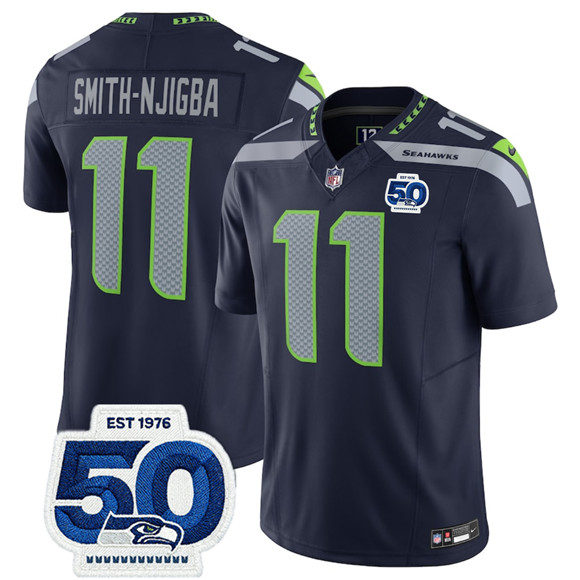 Men's Seattle Seahawks #11 Jaxon Smith-Njigba Navy 2025 F.U.S.E. 50th Anniversary Patch Vapor Limited Football Stitched Jersey