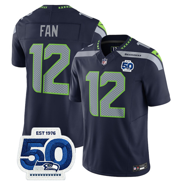 Men's Seattle Seahawks #12 Fan Navy 2025 F.U.S.E. 50th Anniversary Patch Vapor Limited Football Stitched Jersey