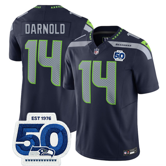Men's Seattle Seahawks #14 Sam Darnold Navy 2025 F.U.S.E. 50th Anniversary Patch Vapor Limited Football Stitched Jersey