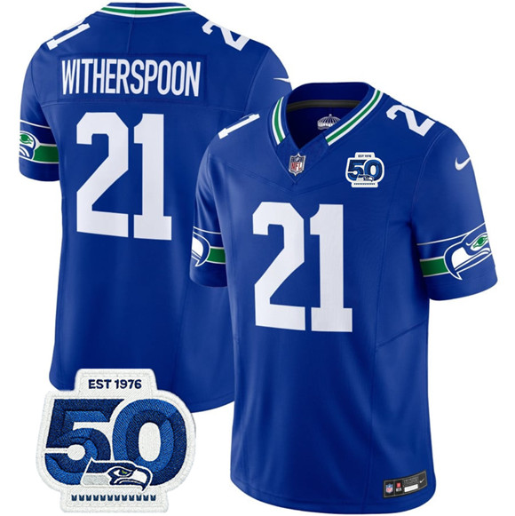 Men's Seattle Seahawks #21 Devon Witherspoon Royal 2025 F.U.S.E 50th Anniversary Patch Throwback Vapor Limited Football Stitched Jersey