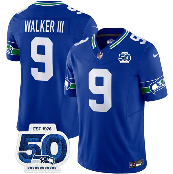 Men's Seattle Seahawks #9 Kenneth Walker III Royal 2025 F.U.S.E 50th Anniversary Patch Throwback Vapor Limited Football Stitched Jersey