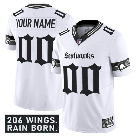 Men's Seattle Seahawks Active Player Custom White 2025 F.U.S.E. 'Gothic Rain City Shadows Edition' Vapor Limited Stitched Jersey