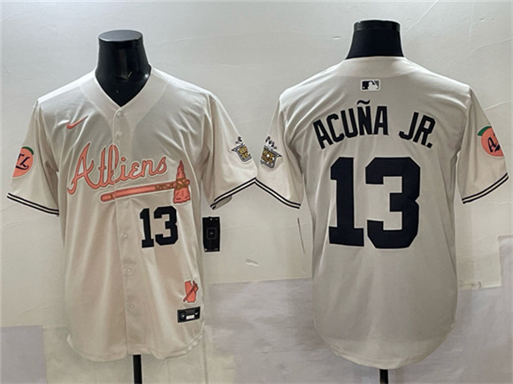 Men's Atlanta Braves #13 Ronald Acuna Jr. Cream 2024 Atliens & Peach With Outkast Patch Vapor Limited Stitched Baseball Jersey