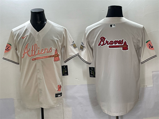 Men's Atlanta Braves Team Big Logo Cream 2024 Atliens & Peach With Outkast Patch Vapor Limited Stitched Baseball Jersey