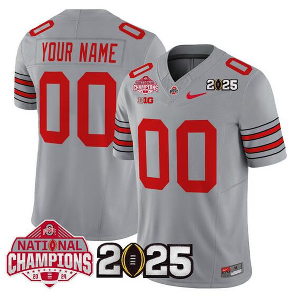 Men's Ohio State Buckeyes Active Player Custom Gray 2025 CFP Final With National Champions Patch F.U.S.E. Vapor Limited Stitched Jersey