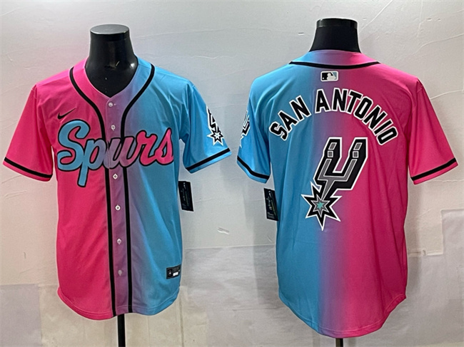 Men's San Antonio Spurs Team Big Logo Pink Blue Limited Stitched Baseball Jersey