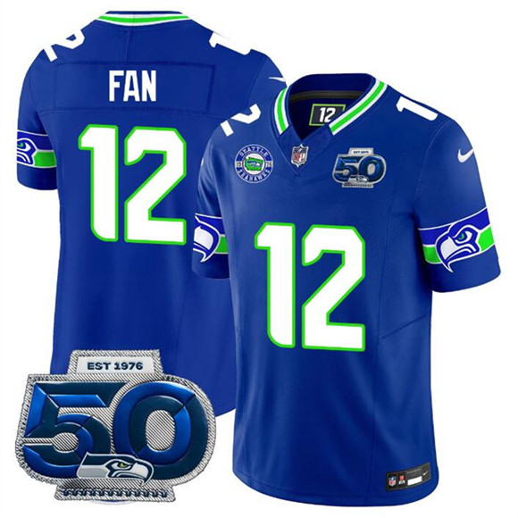 Men's Seattle Seahawks #12 Fan Royal 2025 F.U.S.E 50th Season Patch Throwback Vapor Limited Football Stitched Jersey