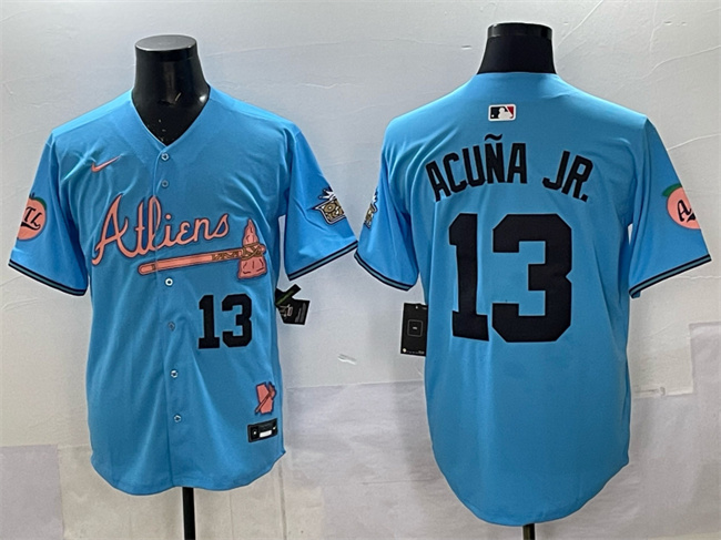 Men's Atlanta Braves #13 Ronald Acuna Jr. Blue 2024 Atliens & Peach With Outkast Patch Vapor Limited Stitched Baseball Jersey