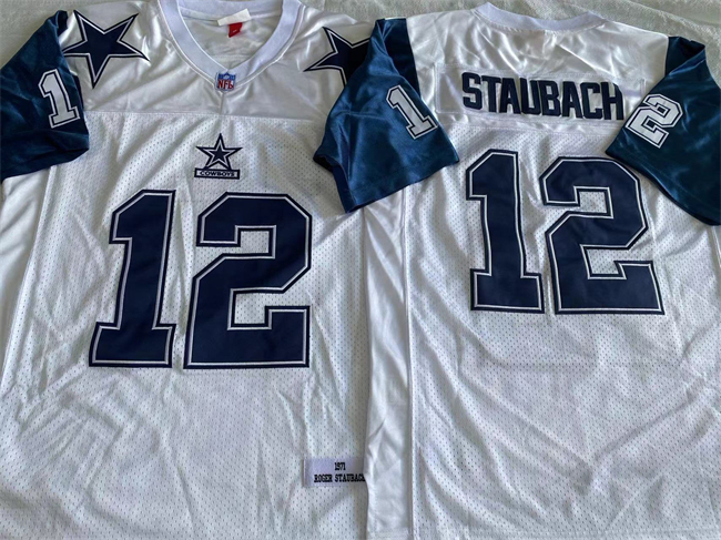 Men's Dallas Cowboys #12 Roger Staubach White Throwback Stitched Football Jersey