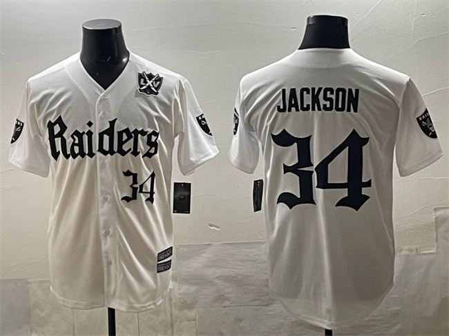 Men's Las Vegas Raiders #34 Bo Jackson White 'Gothic Sin City Shadows Edition' With 65th Anniversary Patch Vapor Limited Stitched Baseball Jersey