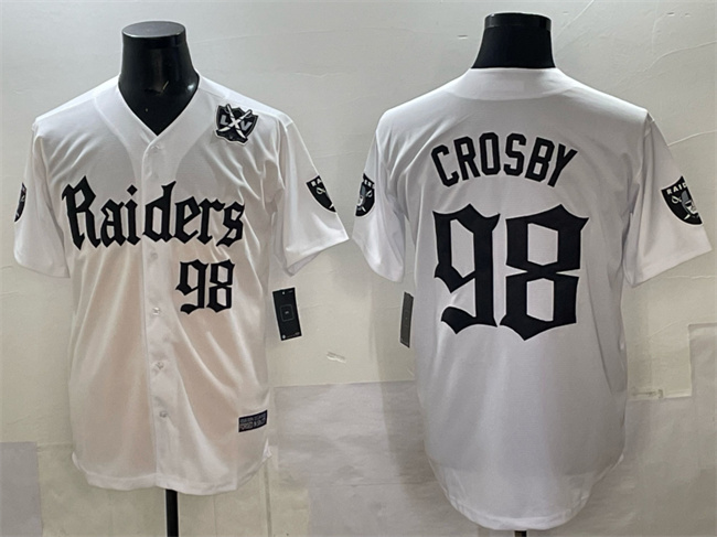 Men's Las Vegas Raiders #98 Maxx Crosby White 'Gothic Sin City Shadows Edition' With 65th Anniversary Patch Vapor Limited Stitched Baseball Jersey