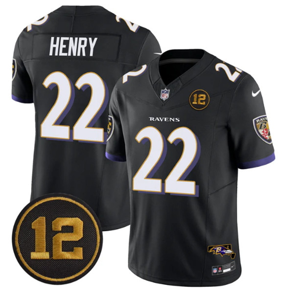 Men's Baltimore Ravens #22 Derrick Henry Black 2025 F.U.S.E Jacoby Jones Patch Vapor Limited Football Jersey