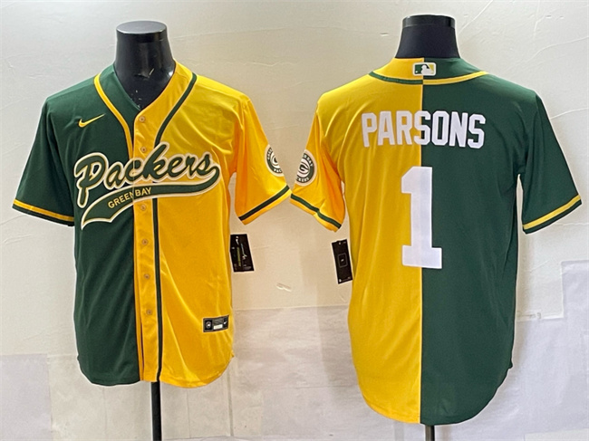 Men's Green Bay Packers #1 Micah Parsons Green Gold Split Cool Base Stitched Baseball Jersey